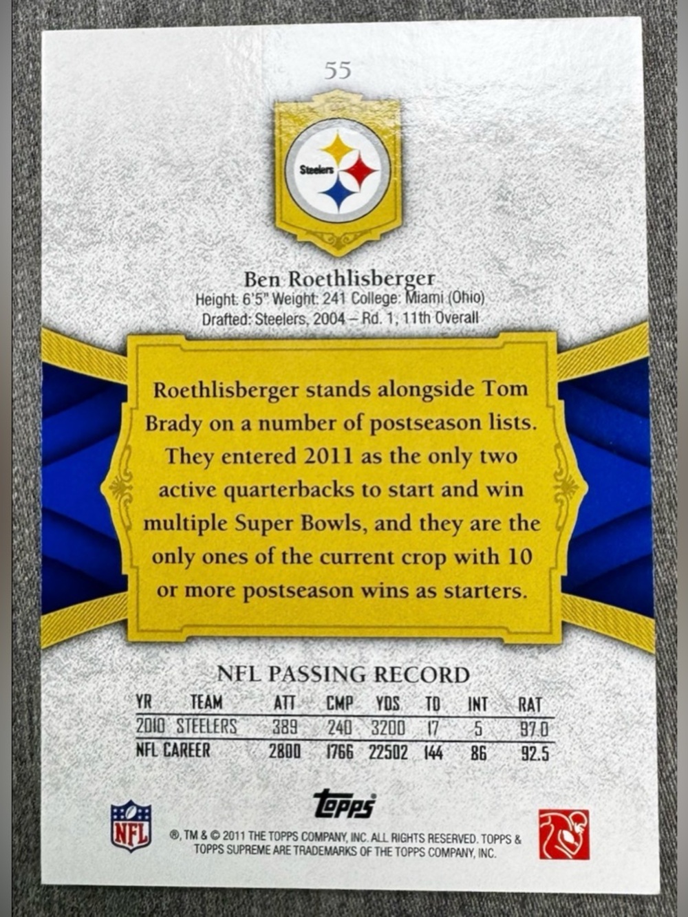 2011 Topps Supreme 109/429 Ben Roethlisberger #55 Pittsburg Steelers card - Picture 3 of 3